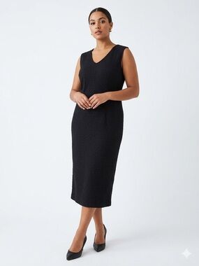 RIANI Black Woven Textured Sleeveless Sheath Midi Dress Size 14 Office Luxury
